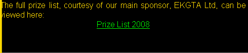The full prize list, courtesy of our main sponsor, EKGTA Ltd, can be viewed here:
Prize List 2008
